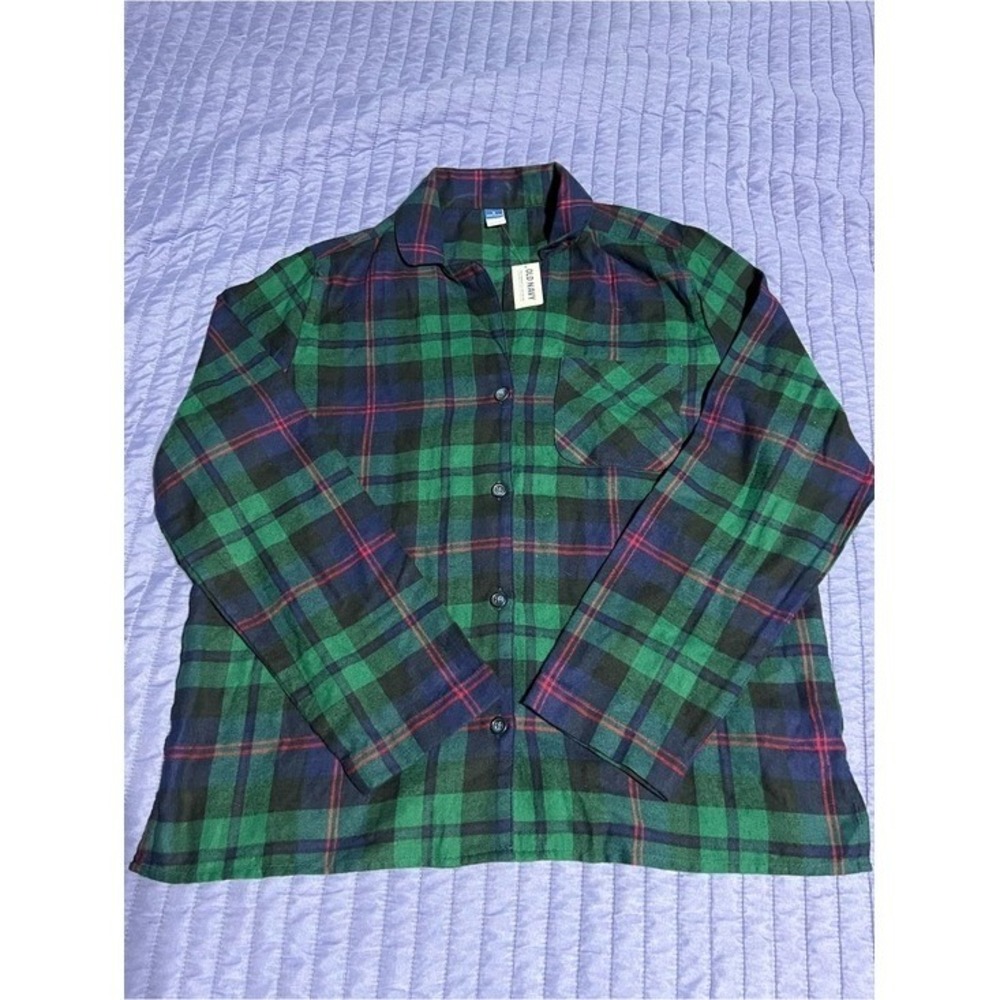 Old Navy Flannel Pajama Shirt Womens Medium Black Watch Plaid Cotton Green Blue